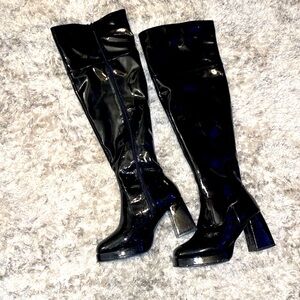 Black pleather knee boots